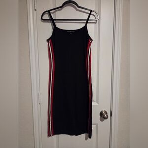 Black Midi Bodycon Dress with Red & White Side Stripes Size Large